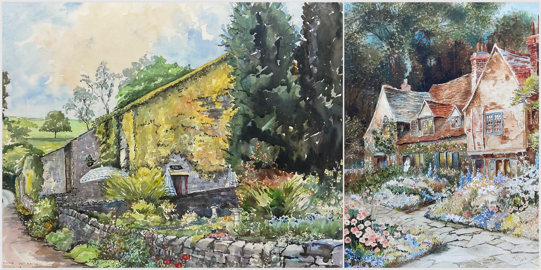 Thomas Coxon (British 20th Century): 'Abbots Harbour - East Marton', watercolour signed titled and dated '08, 37cm x 49cm; MS (British 19th Century): Little Cottage Garden, watercolour signed with initials and dated 1913, 28cm x 21cm (2)