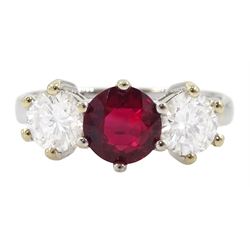 18ct white gold three stone ruby and round brilliant cut diamond ring, hallmarked, ruby ap...