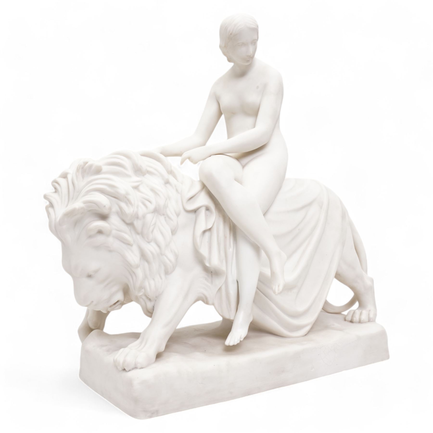 Victorian Minton Parian ware group 'Una and the Lion', designed by John Bell (1812-1895), the nude maiden seated side-saddle astride the male lion, with her fingers holding onto its mane, impressed marks to the rectangular base, L40cm x H37cm