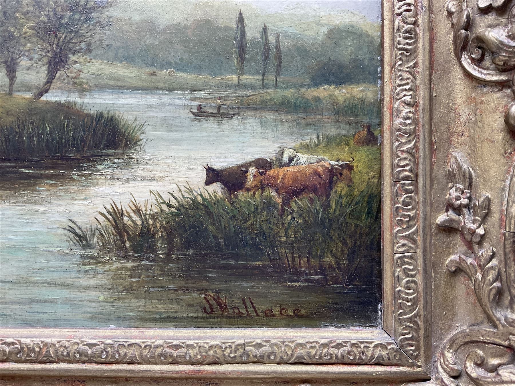 J Wallace (British 19th Century): Boats on the Wetlands, oil on panel signed 25cm x 36cm 