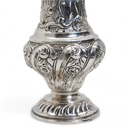 Edwardian embossed silver caster decorated with flowers, foliage etc H16cm Chester 1905 Maker George Nathan & Ridley Hayes