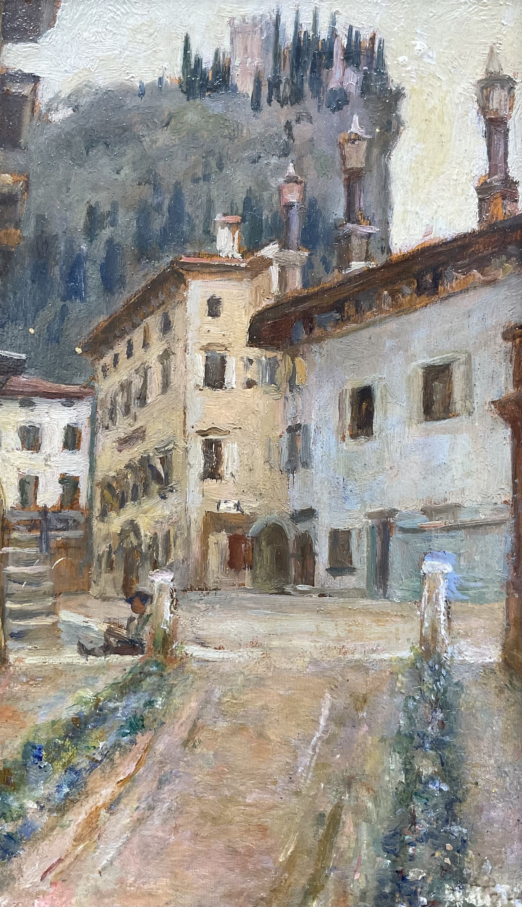 Hugh de Twenebrokes Glazebrook (British 1855-1937): 'Town of Arco - Lake Garda Austria', oil on panel signed titled and dated 1906 verso, 20cm x 12cm 