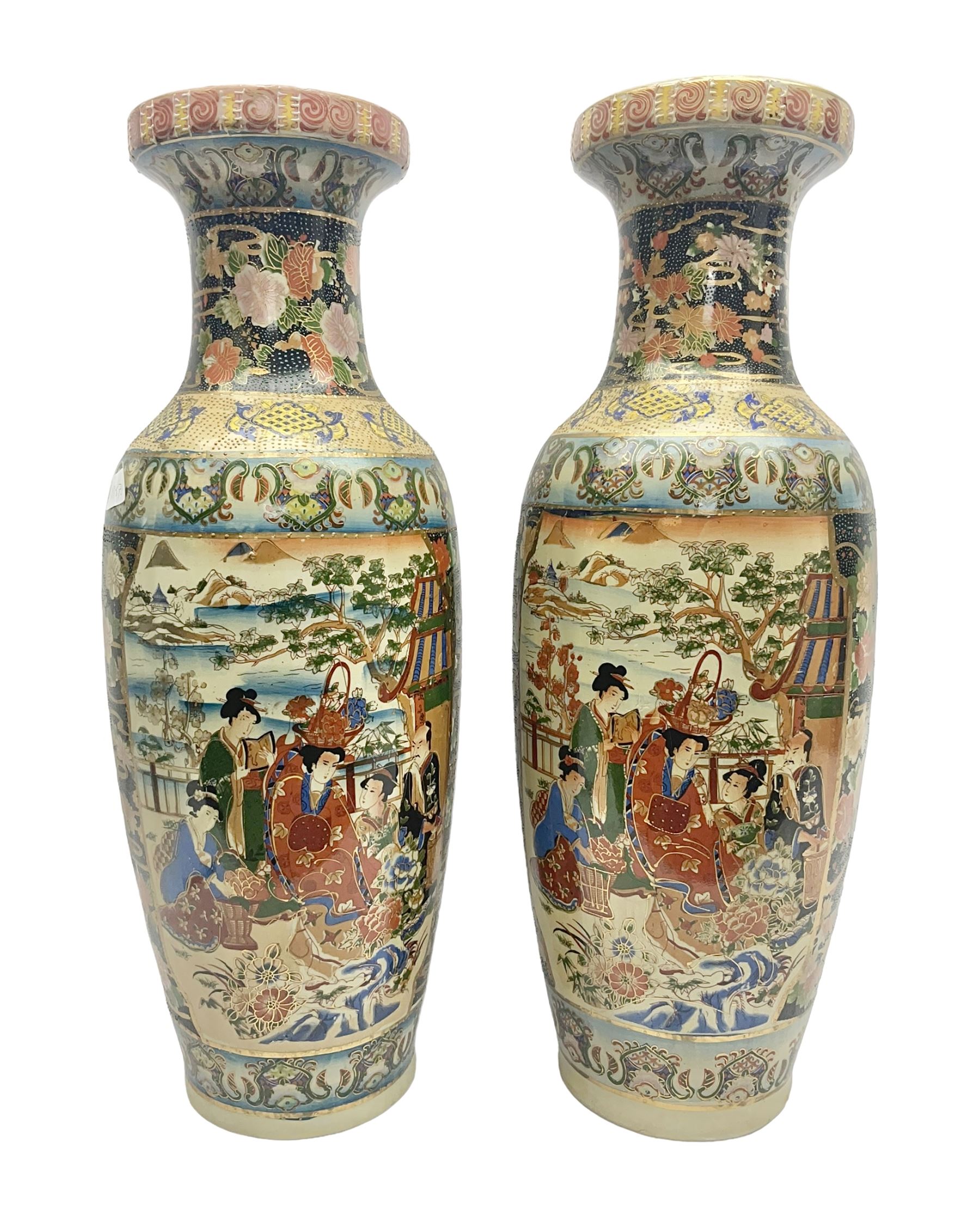 Pair of modern Satsuma vases of baluster form, decorated with figures in within river landscapes and floral borders, highlighted in gilt, H60cm