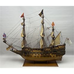 Large kit built scale model of 17th century Royal Navy warship 'HMS Sovereign of the Seas', upon wooden stand with engraved name plaque, H91cm, W111cm