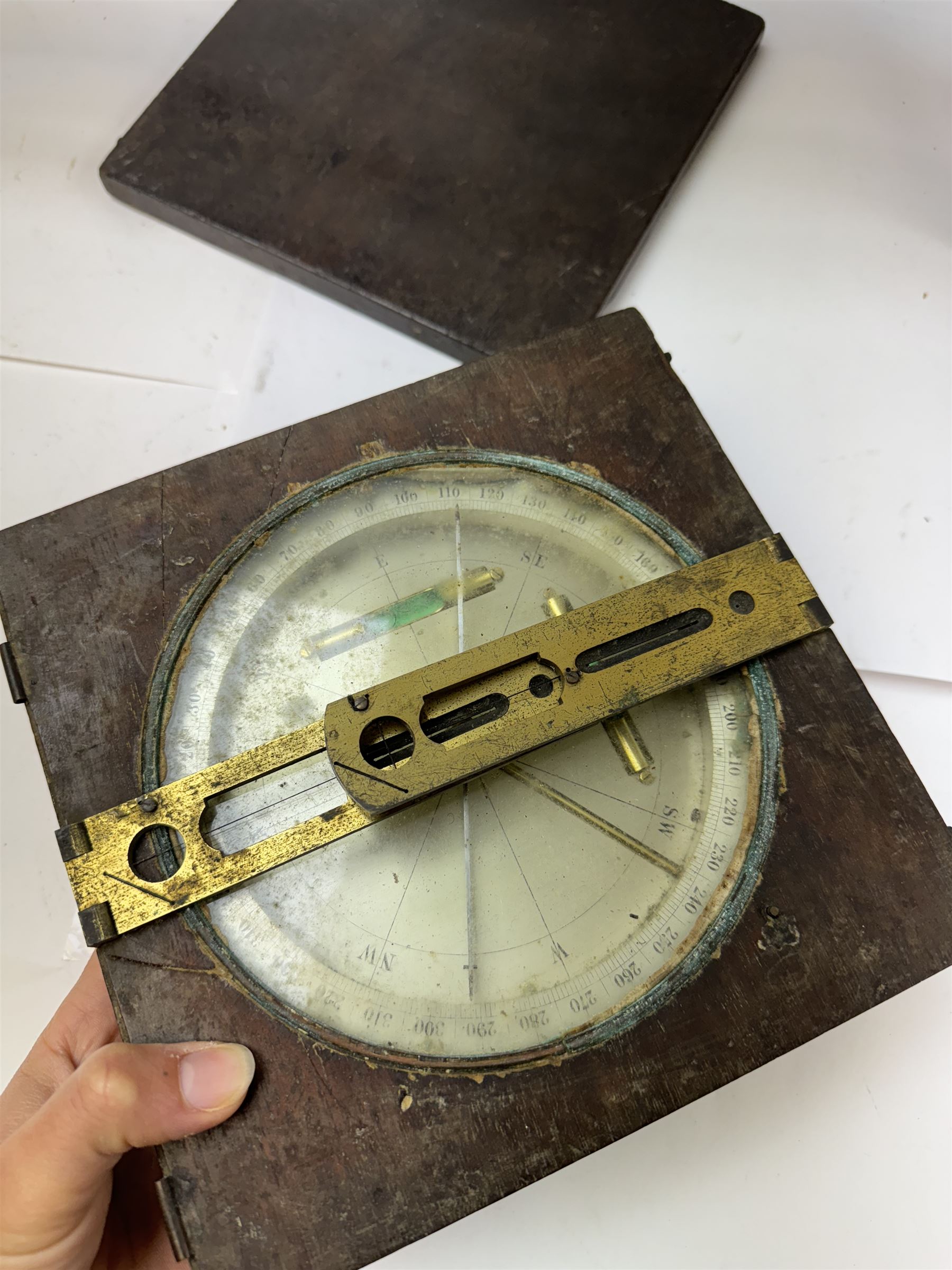 19th century mahogany surveyors compass, with silvered dial, upon a mahogany tripod, together with a surveyors dumpy level, in fitted mahogany box, compass on tripod H110cm