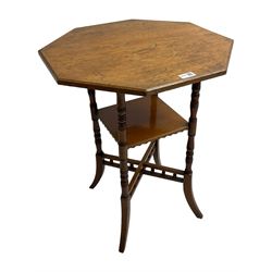 Victorian walnut centre table, octagonal to on turned and splayed supports joined by under tier and x-framed stretchers