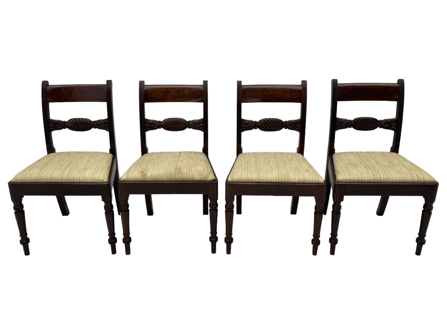 Georgian design set of six (6+2) mahogany dining chairs, the bar cresting rail inlaid with figured mahogany panel, shaped twist lobe carved middle rail with extending stylised leaf decoration, upholstered drop-in seat, on turned front supports 