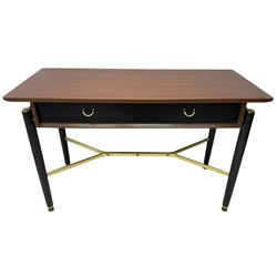 E. Gomme for G-Plan - ‘Librenza’ afrormosia and black finish console, fitted with two drawers, on turned supports united by brass stretchers