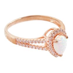 Rose gold on silver pear cut opal and cubic zirconia  cluster ring, stamped 925