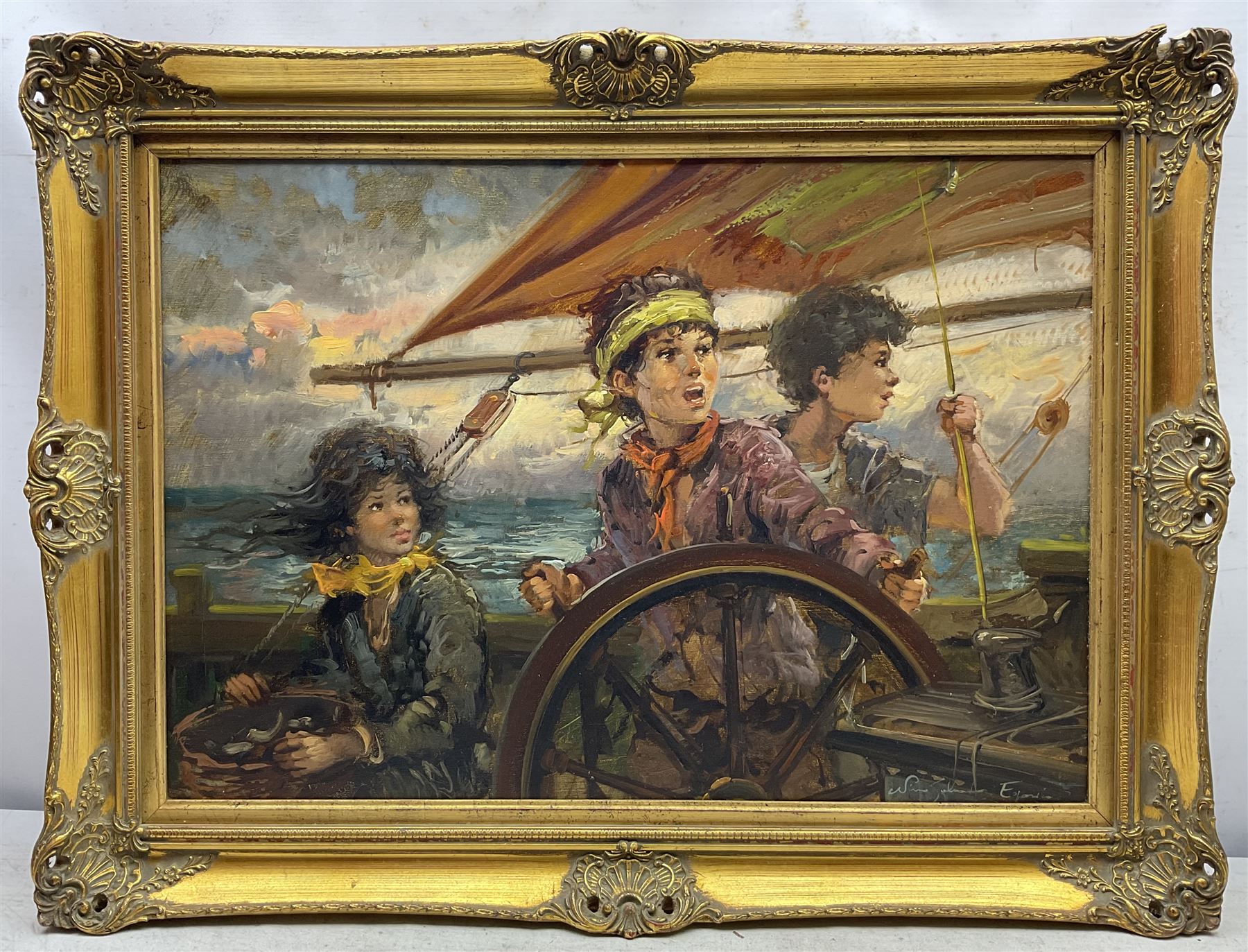 Nino Salvadori (Italian 1918-?): The Young Sailors, oil on canvas signed 46cm x 66cm 