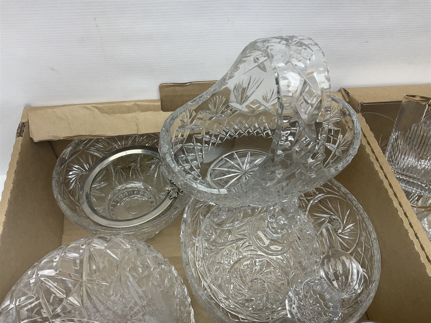 Large collection of crystal glassware, together with glass decanters, bowls, covered bon bon dish etc, in two boxes 