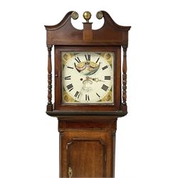 Taylor of Liverpool - mid 19th century 8-day Oak and Mahogany longcase clock with a swans necked pediment and brass ball finial, with a square hood door beneath flanked by turned pilasters, trunk with a short crossbanded door and raised panel on a square plinth raised on bracket feet, painted dial with matching geometric spandrels including depictions of conche shells, Roman numerals, makers name, axe moon disc and calendar aperture, dial pinned via a false plate to a rack striking movement, striking the hours on a bell. With weights and pendulum.