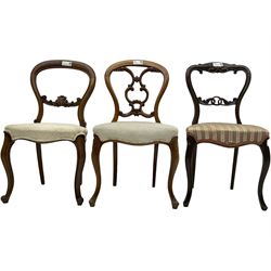 Mixed set of five Victorian chairs - Victorian rosewood dining chair with foliage carved cresting rail; Victorian mahogany balloon back dining chair with foliage carved middle rail; Victorian walnut balloon back dining chair with C-scrolled back; Victorian walnut dining chair with ring and curled leaf carved middle rail; Victorian mahogany balloon back dining chair with C-scroll and foliage carved middle rail (5)