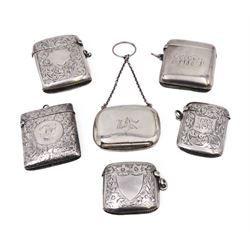 1920s silver miniature purse, engraved with triskelion symbol to hinged cover, hallmarked Adie & Lovekin Ltd, Birmingham 1920, together with five early 20th century silver vesta cases, all of typical form, engraved with foliate and scrolling details, all hallmarked