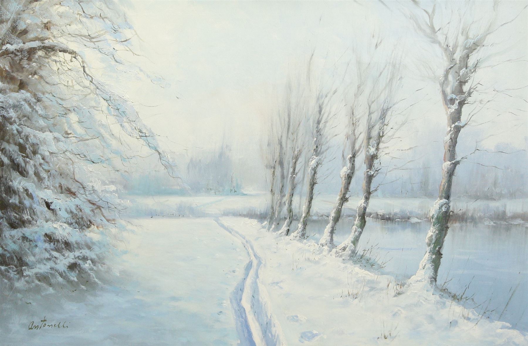 Antonelli (Italian 20th century): ‘Winter’ - Snow Scene, oil on canvas signed 59cm x 90cm 