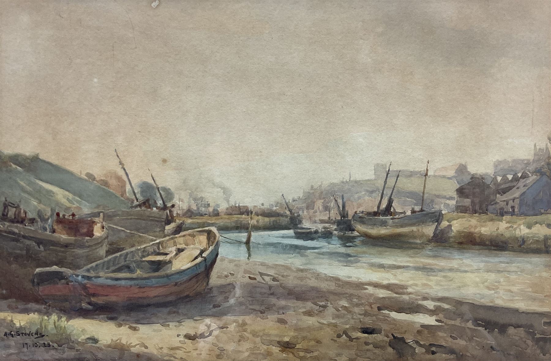 Albert George Stevens (Staithes Group 1863-1925): River Esk looking Downstream to Whitby, watercolour signed and dated 17.10.23, 34cm x 23cm