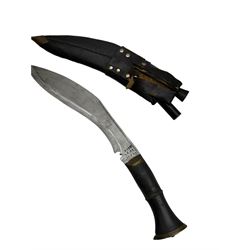 British Service issued Kukri, circa 1980s, with curving blade, hardwood and brass grip in leather covered scabbard with two skinning knives, blade, stamped 12th  December 1980 Dharan Nepal to blade, blade L28cm, overall L39cm