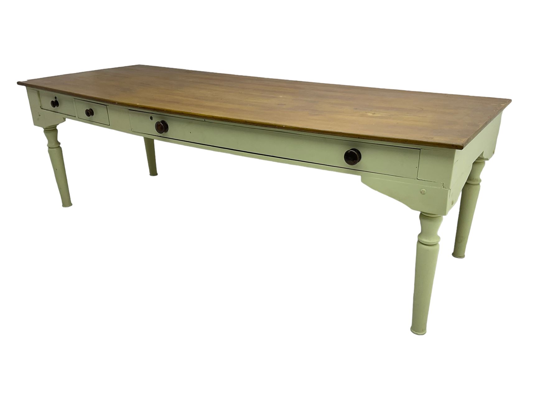 Large 20th century farmhouse style dining table, rectangular oak top on pale green painted base fitted with drawers, on turned supports