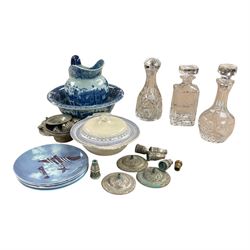 Victoria ware jug and basin, together with three glass decanters, etc  