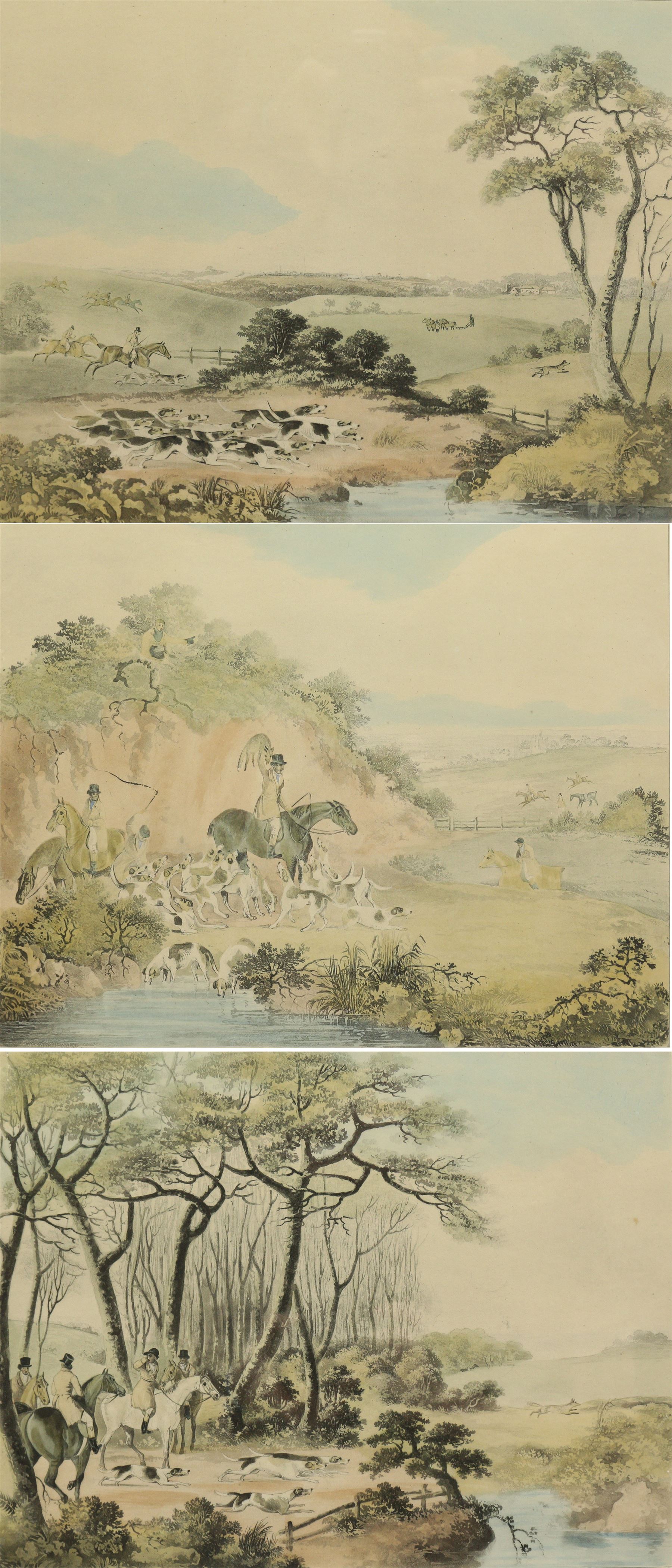 After Thomas Sutherland (British 1785-1838): 'Breaking Cover' 'Running' and 'The Death', set of three coloured engravings of hunting scenes pub. R Ackermann c1830, 25cm x 32cm (3)