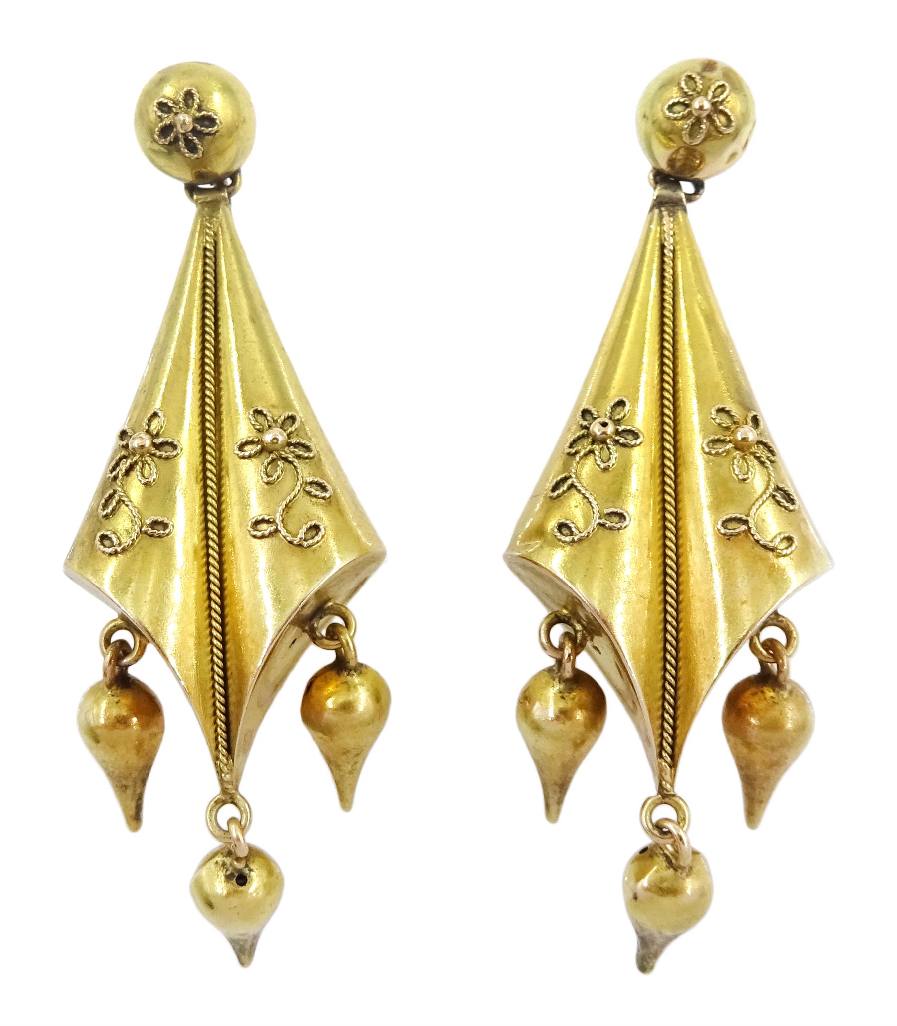 Pair of Victorian gold pendant earrings, with applied wirework decoration and screw back fittings