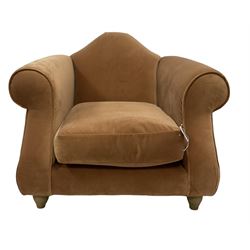 Loaf - hardwood-framed armchair, camelback and rolled arms, upholstered in rust velvet fabric, on turned oak front feet