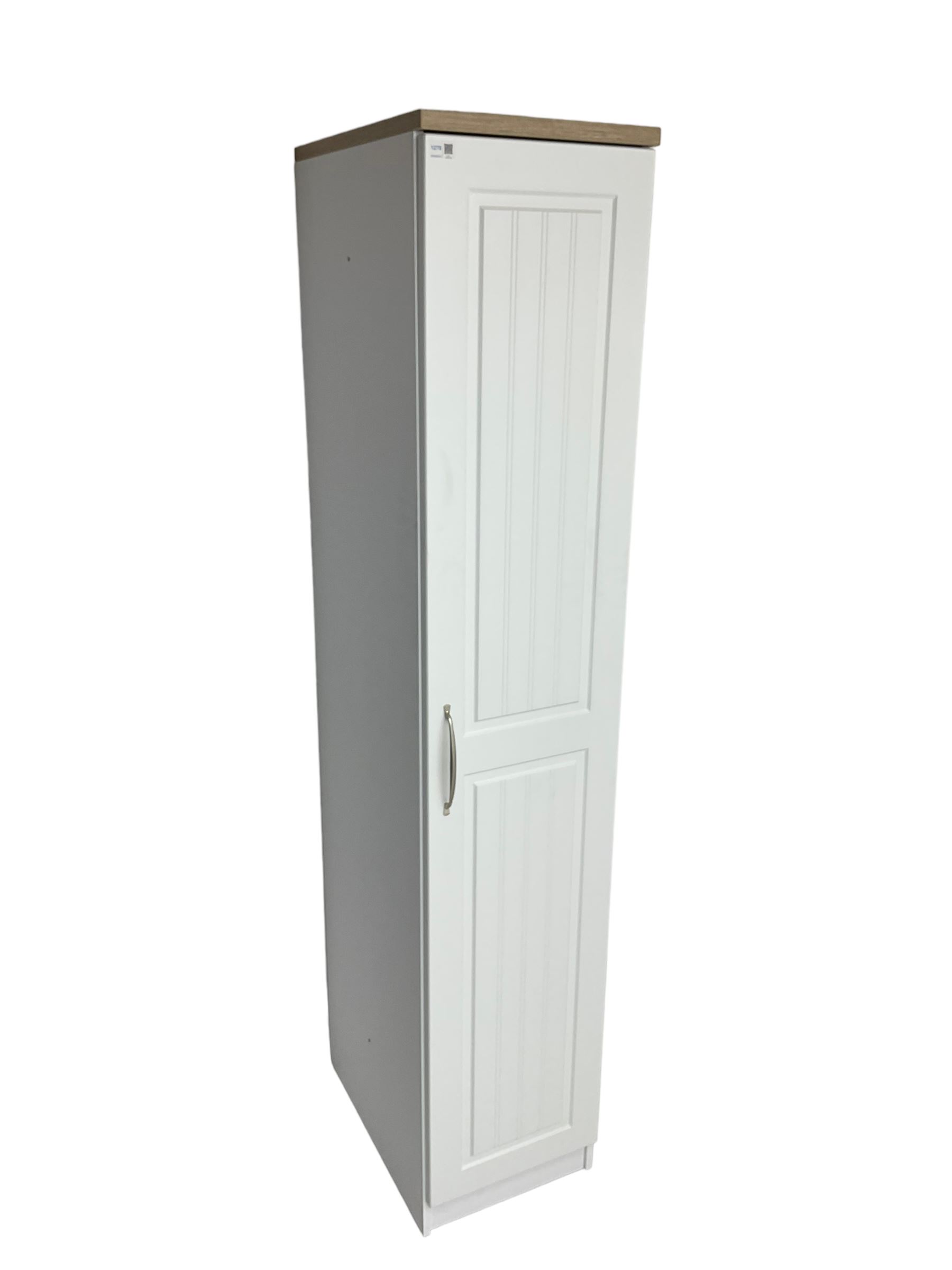 Oak and white finish tall narrow single wardrobe, fitted with shelves