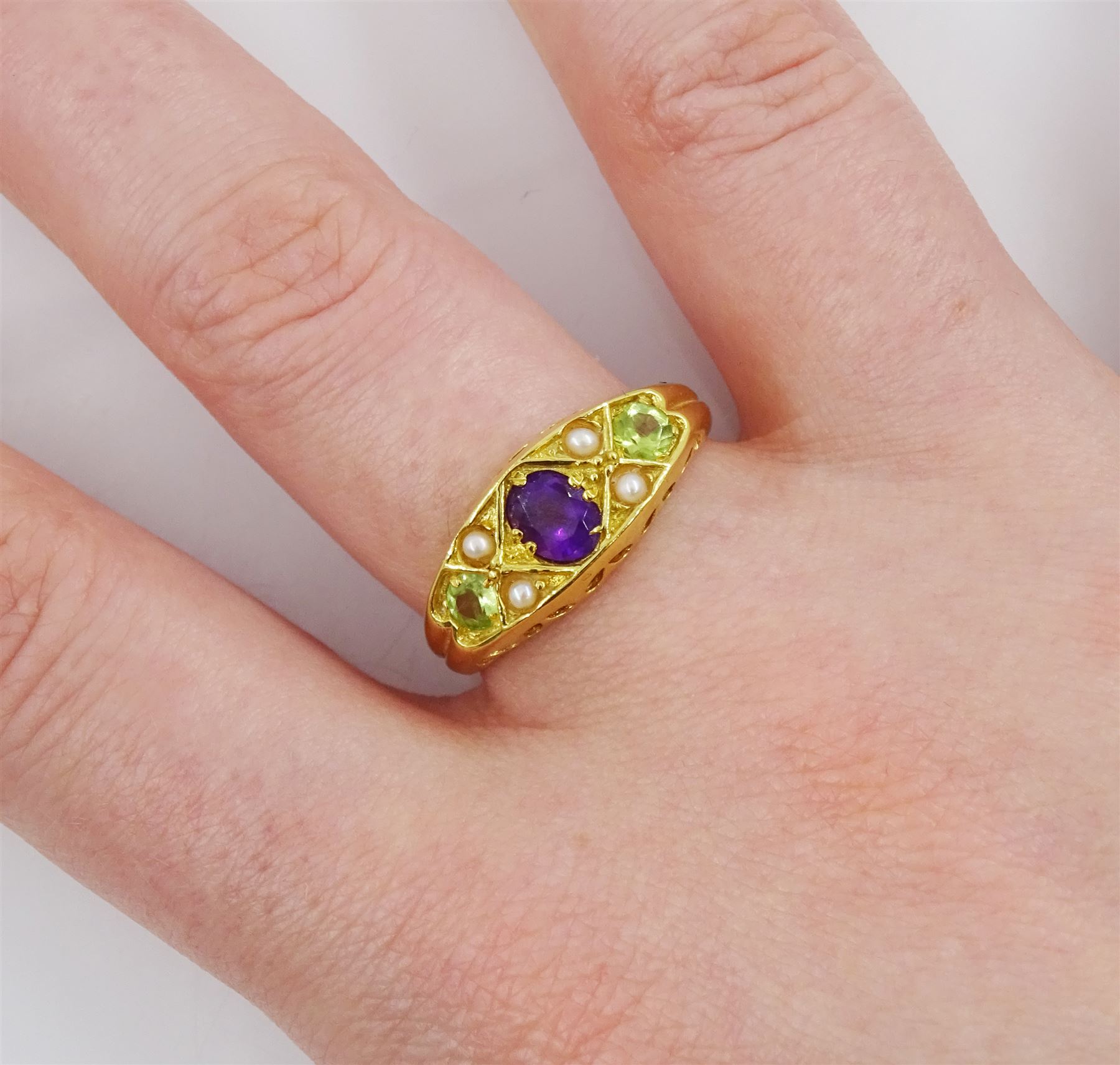 Silver-gilt amethyst, peridot and pearl ring, stamped Sil