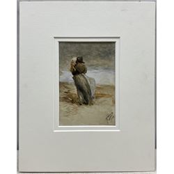 Robert Jobling (Staithes Group 1841-1923): Looking Out to Sea - Staithes Fisherwoman and Daughter, watercolour signed and dated 1908, 15cm x 10cm (mounted)