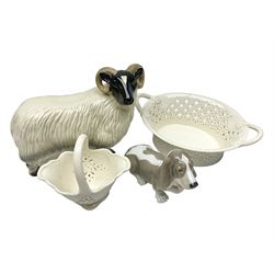 Royal Copenhagen basset hound, together with Coopercraft ram and Leeds Pottery creamware 