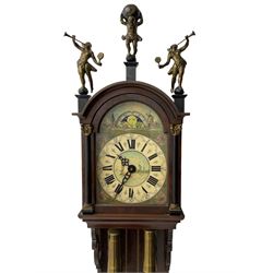 20th century weight driven Dutch WUBA wall clock -  with a break arch top and mounted gilt figures to the arch, painted dial with working moon disc, chapter ring with Roman numerals and pierced steel hands, twin train chain driven movement striking the hours on a bell. With pendulum and brass cased weights.