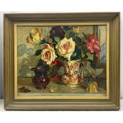 William Charles Penn (British 1877-1968): 'Roses', oil on board signed and dated 1958, titled on label verso 40cm x 50cm