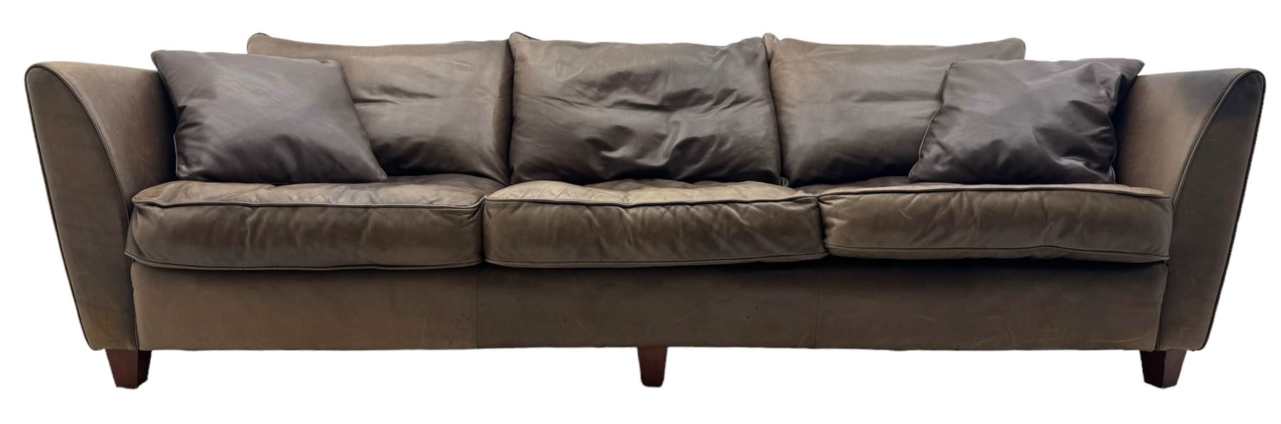 Collins & Hayes - contemporary grande three-seater sofa upholstered in brown leather, with curved arms and standing on tapering feet