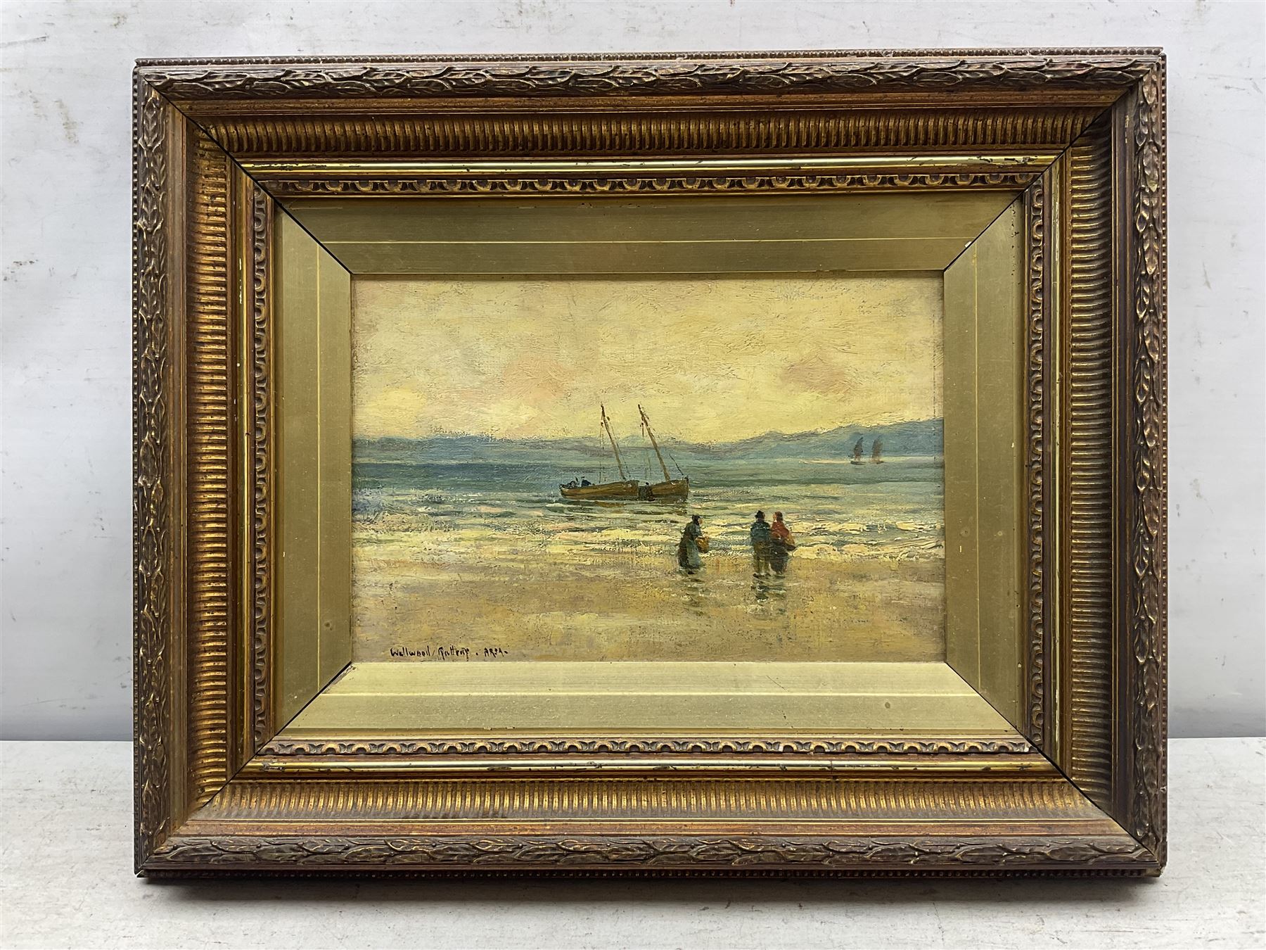 Alexander Wellwood Rattray (Scottish 1849-1902): Boats at Arran, oil on canvas signed 18cm x 26cm