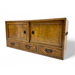 Japanese Meiji period hardwood tansu chest, rectangular in form with sliding doors reveali...