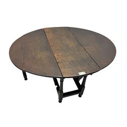 18th century oak dining table, oval drop-leaf top on gate-leg action base, turned supports united by stretchers 