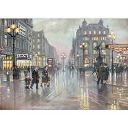 Steven Scholes (Northern British 1952-): 'Piccadilly Circus - London 1958', oil on canvas signed, titled verso 29cm x 39cm