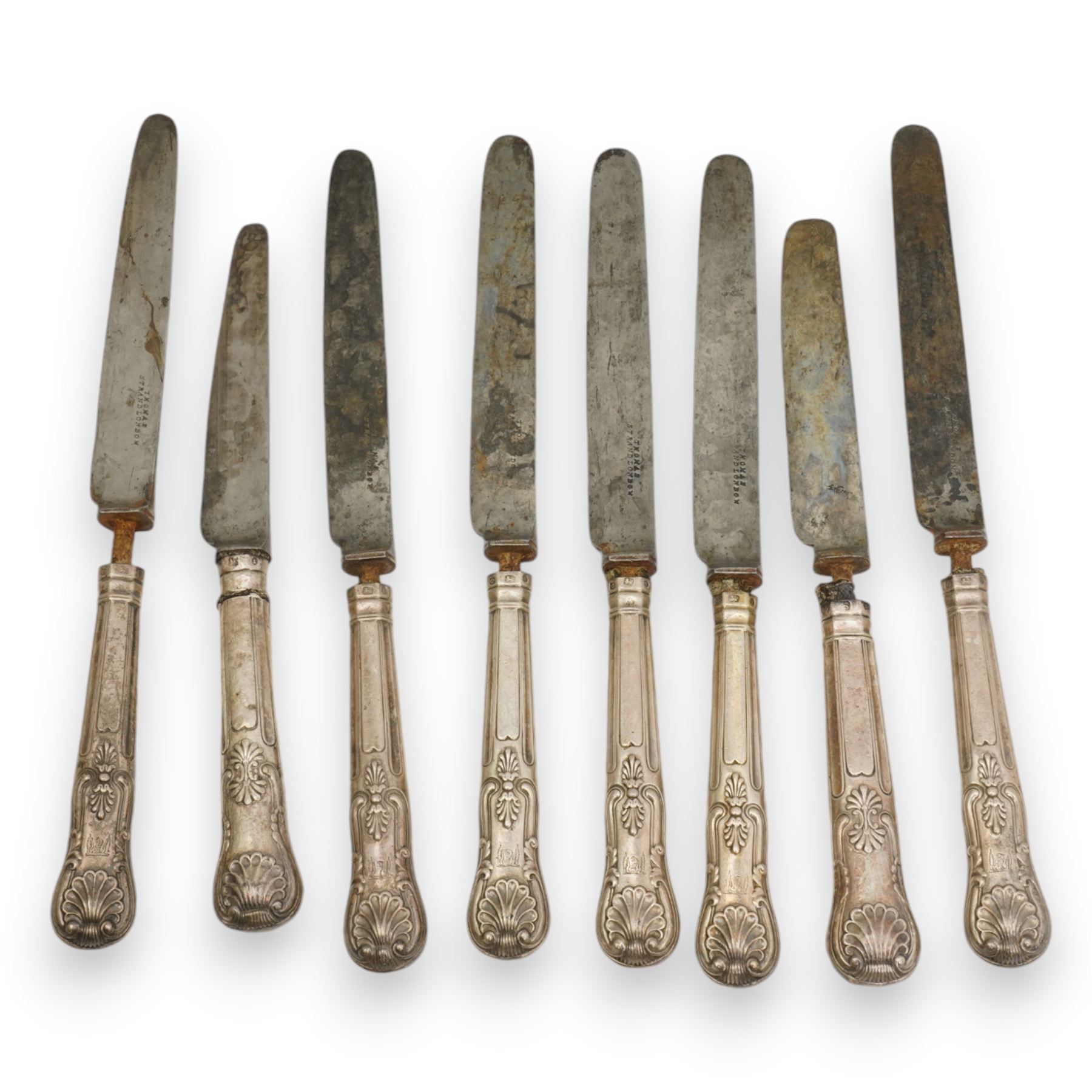 A matched set of 19th century silver Kings pattern cutlery comprising six table spoons, ten table forks, twelve dessert spoons, fish slice, pair of sauce ladles, ten teaspoons, six fish knives, seven silver handled knives, two salt spoons  and fifteen dessert forks, various dates and makers 