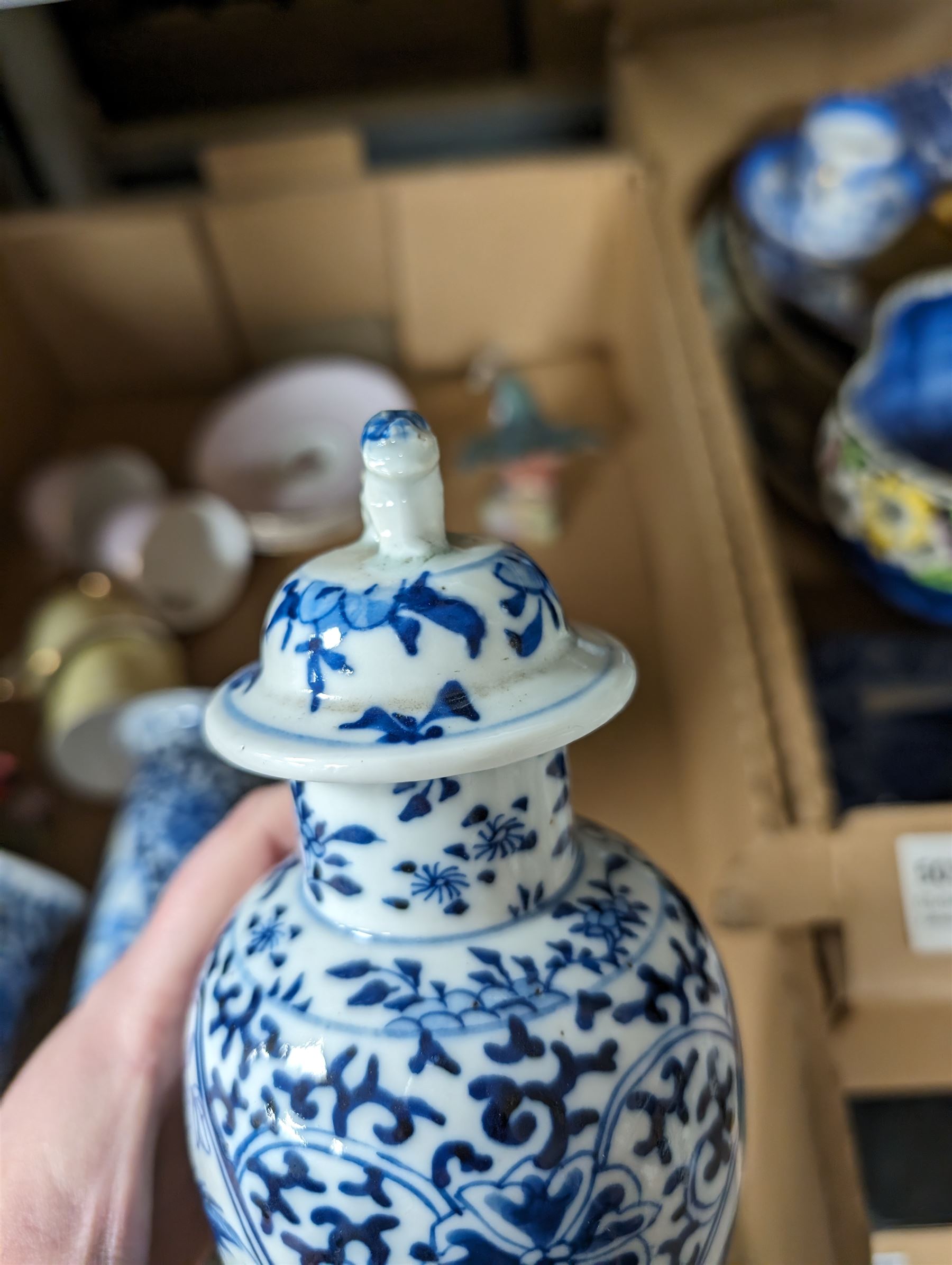 Pair of blue and white vases, together with matching vase and cover and other ceramics