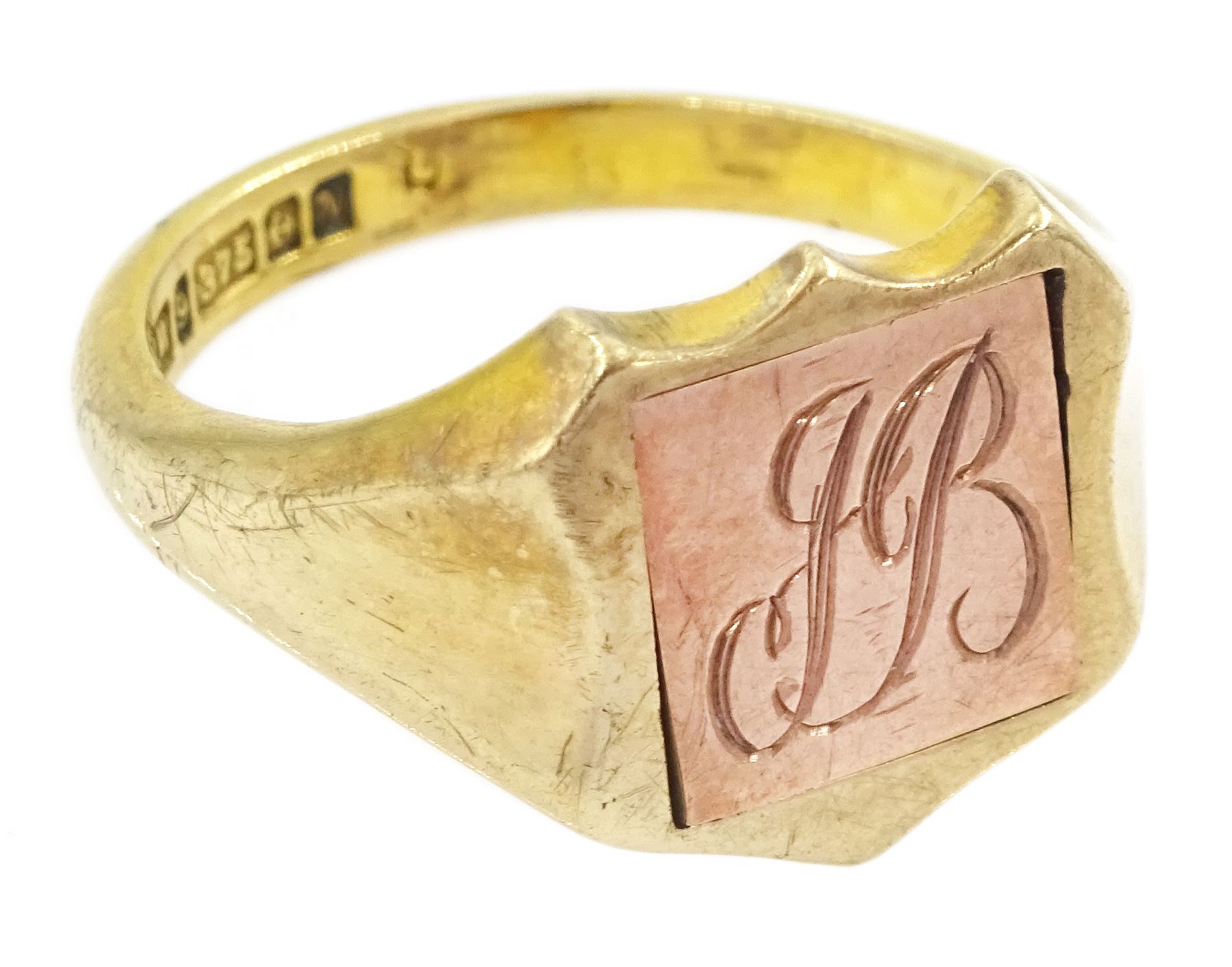 9ct gold blue enamel Masonic swivel ring, the reverse inscribed 'JB', Birmingham 1987 