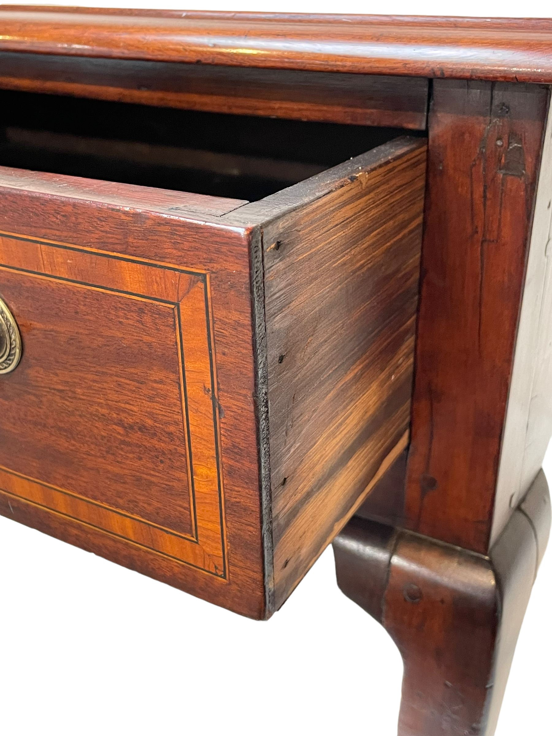 18th century and later inlaid mahogany and fruitwood low-boy, the moulded rectangular top with satinwood band, shaped frieze fitted with single drawer, on cabriole supports with angular feet