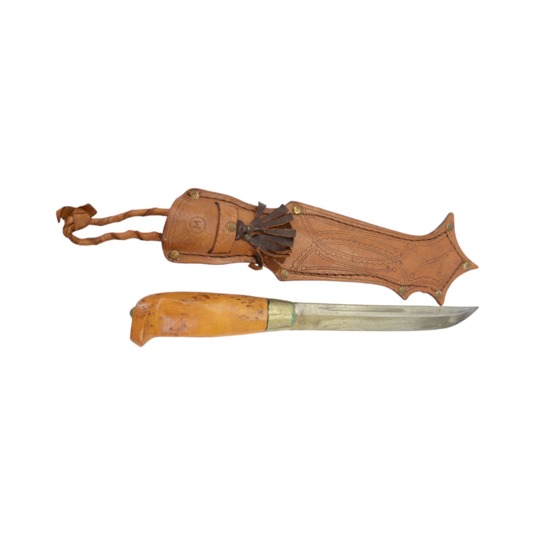 Sgian Dubh Scottish dagger, together Kniv knife, within stitched leather sheath, together with two other knives, machete and a carved spear 