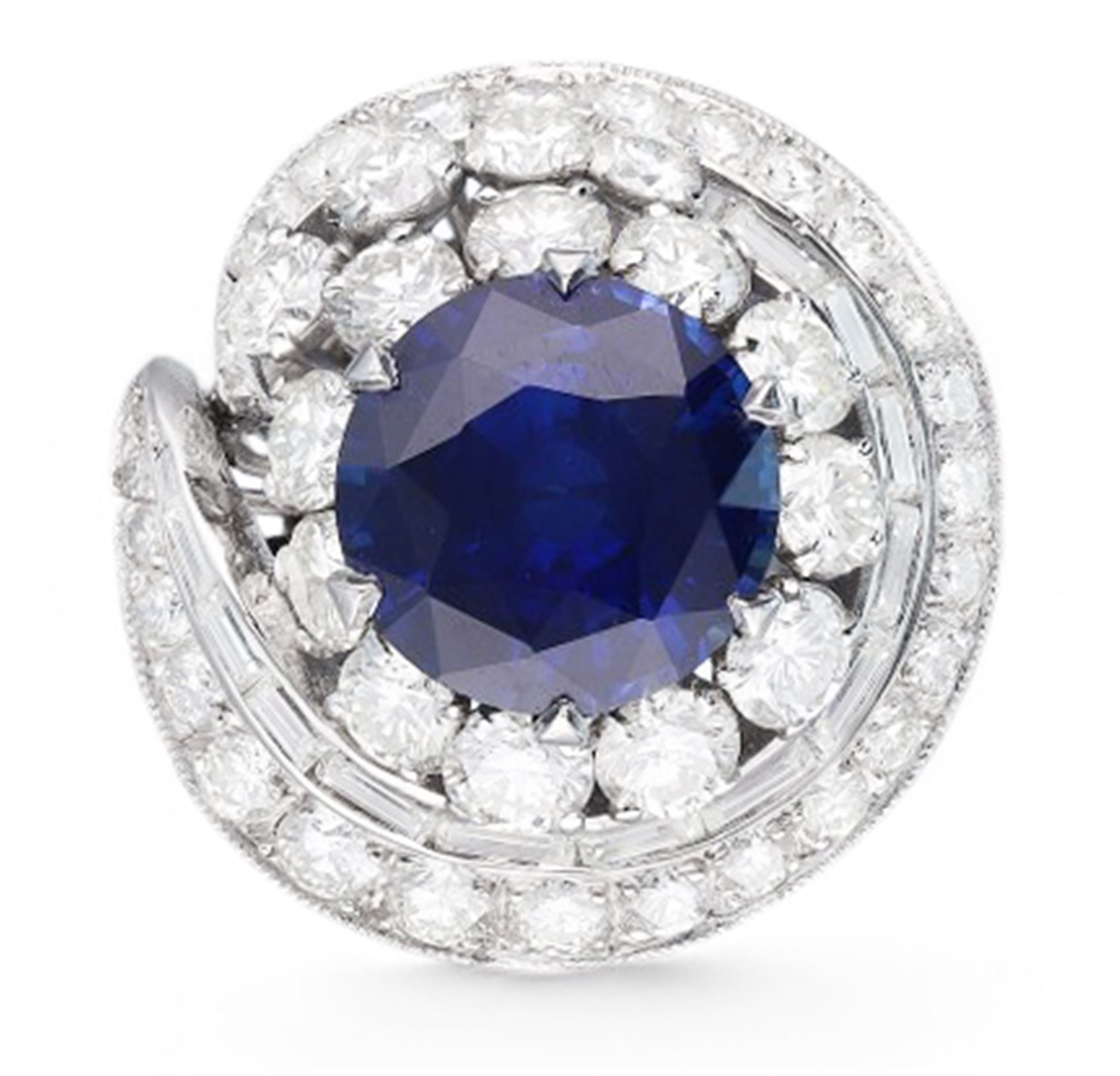 Platinum Ceylon sapphire and diamond, swirl design cluster ring, round cut sapphire of 4.56 carat, with CGL report, with baguette and round brilliant cut diamond surround, total diamond weight approx 4.30 carat