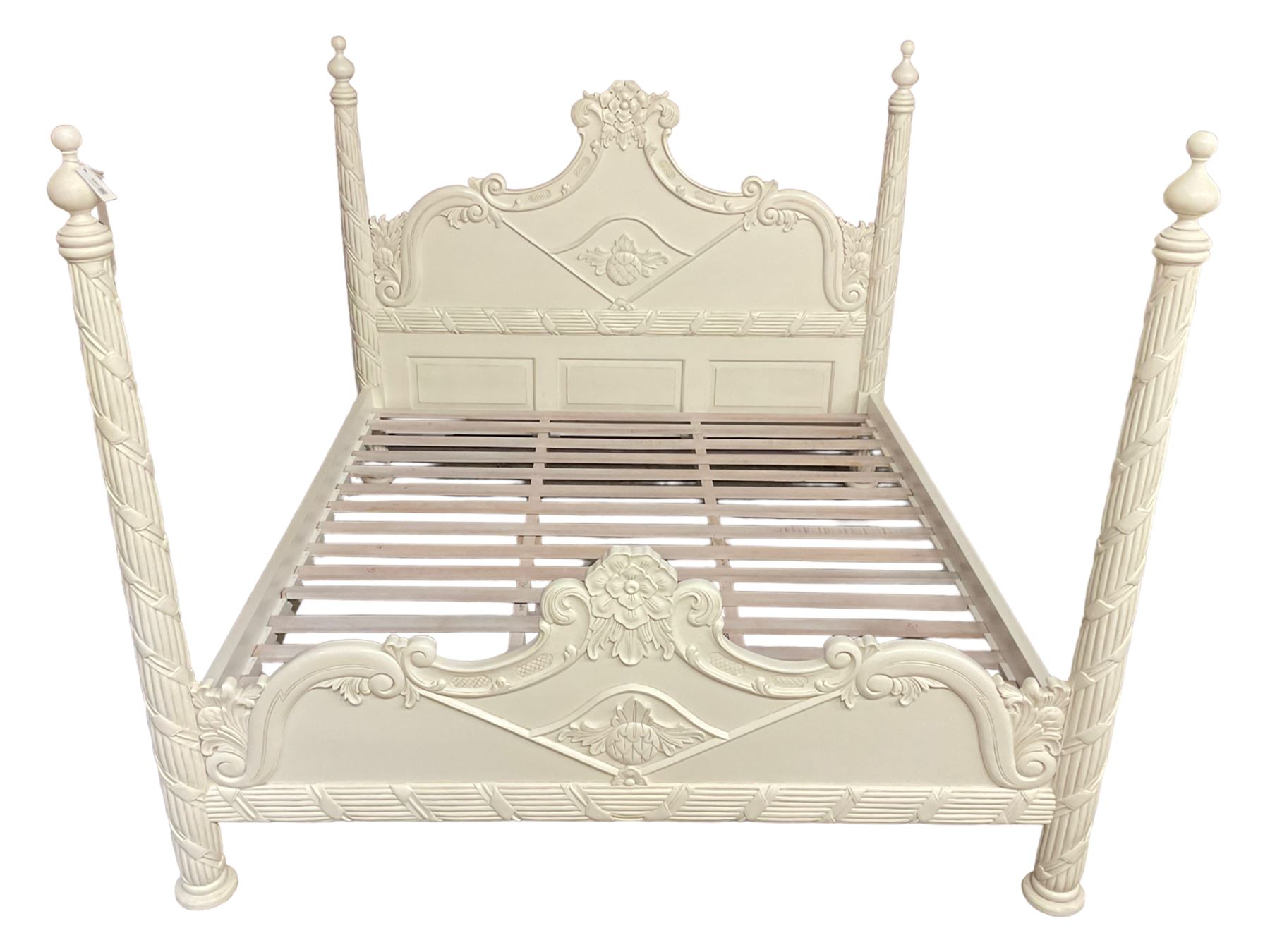 French design white finish 6' Super Kingsize four poster bed, shaped head and footboards decorated with flower heads and scrolled foliage, finialed reed moulded upright posts with intertwined ribbon