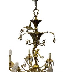 Gilt metal six branch ceiling light, the central stem modelled as a ballerina, decorated with glass pendants 