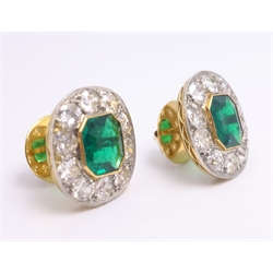  Pair of 18ct gold bright green emerald and diamond rub-over cluster ear-rings, by Richard Ogden each emerald 8mm x 7mm diamonds approx 1.4 carat   