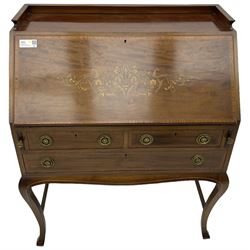 Edwardian inlaid mahogany bureau, raised back over moulded rectangular fall front inlaid with scrolling leafy branches, the interior fitted with drawers, cupboard and pigeon holes, with leather inset writing surface, two short and one long drawer below, inlaid with satinwood bands, on cabriole supports united by plain stretchers 