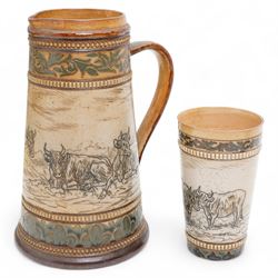 Late 19th century Doulton Lambeth sgraffito jug and beaker by Hannah Barlow, decorated wit...