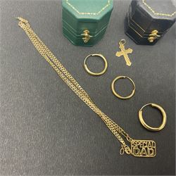 9ct gold jewellery, including hoop earrings and necklace, rolled gold photograph pendant and three hexagonal ring boxes 