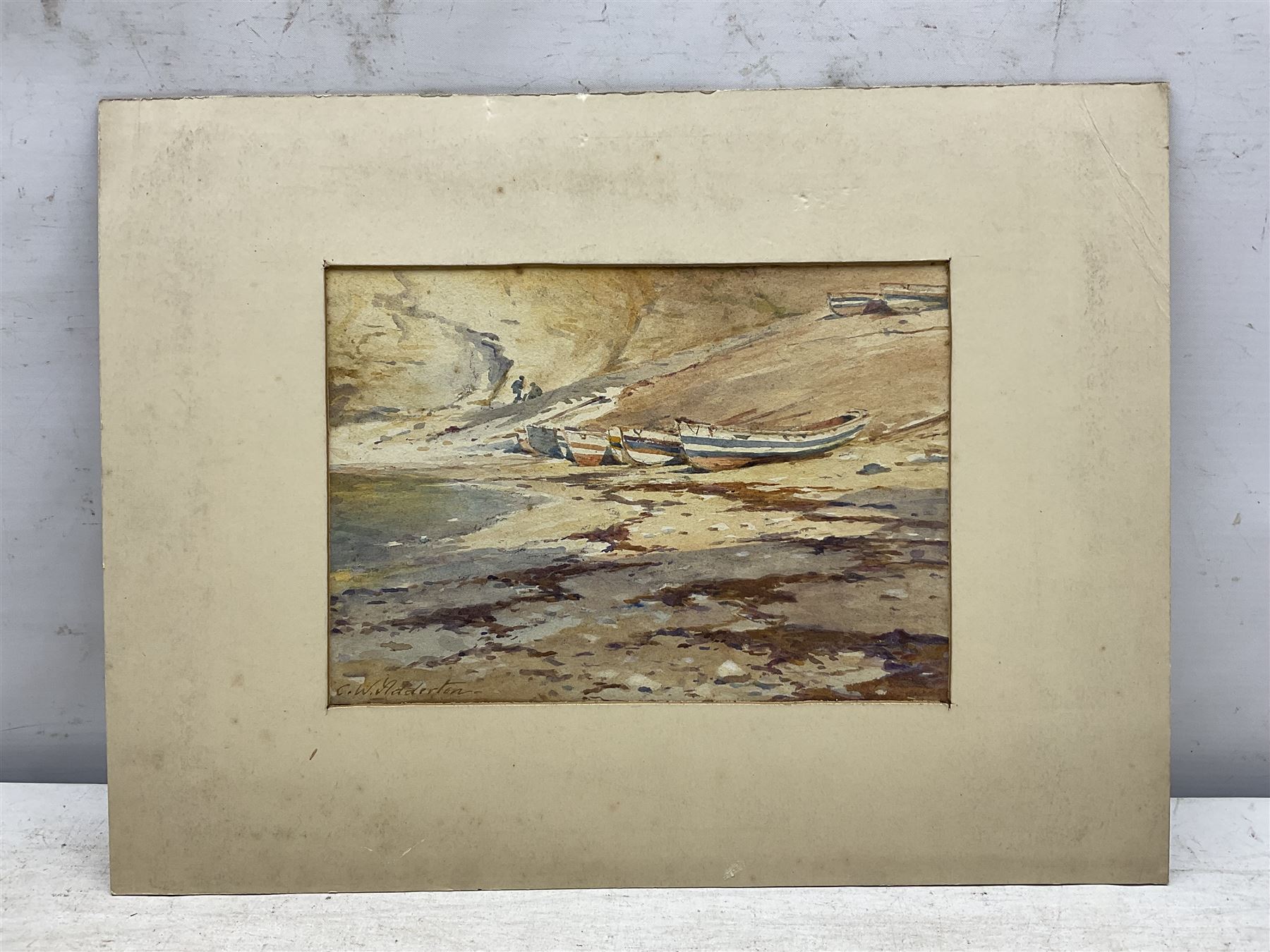 Charles William Adderton (British 1866-1944): 'Cobles on the South Landing Flamborough', watercolour signed 17cm x 24cm (unframed)
Provenance: direct from the family of the artist Harry Wanless 1872-1934, part of a collection never previously seen on the market
Notes: Adderton was a friend of the brothers Harry and Charles Wanless, all of whom studied under Albert Strange at the Scarborough School of Art School. Adderton had a studio at 55 Sandside, Scarborough between 1894 and 1901, he moved to Ockbrook Derby and later to Robin Hoods Bay where he was a member of the Fylingdales Group of Artists